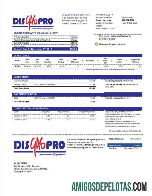 imprimível Modelo de conta de serviços públicos de gás Disgaspro do Equador em formato Word e PDF